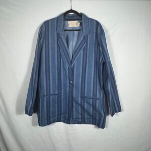 Vintage Bonjour Blue Striped Blazer Jacket Womens Large Cotton Linen Blend